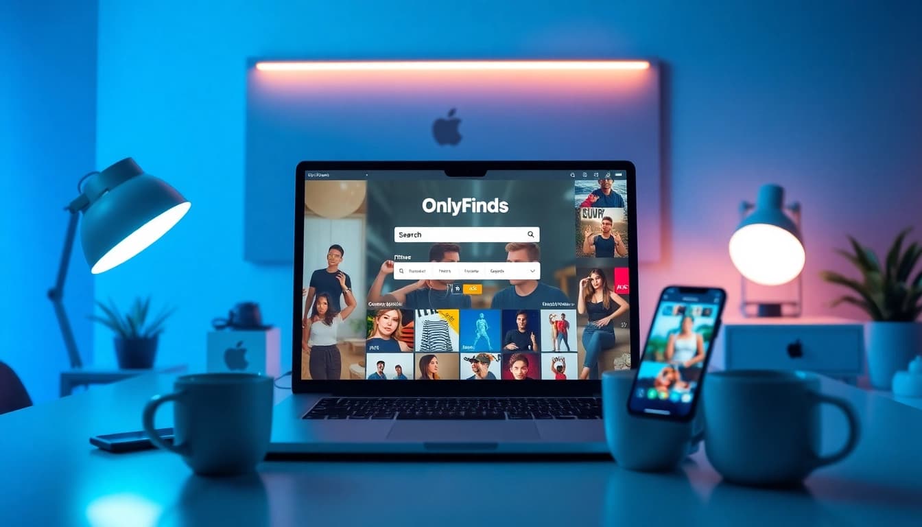 OnlyFans Search interface displayed on a laptop in a modern workspace, showcasing diverse creators.