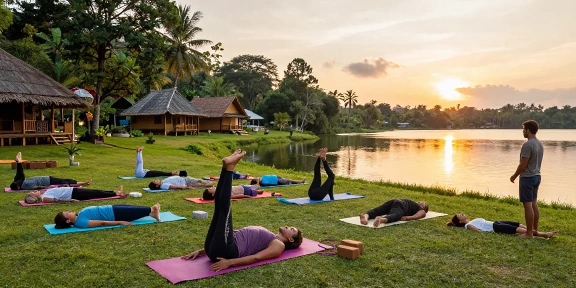 Best yoga school sri lanka retreat with diverse individuals practicing yoga by tranquil Koggala Lake.