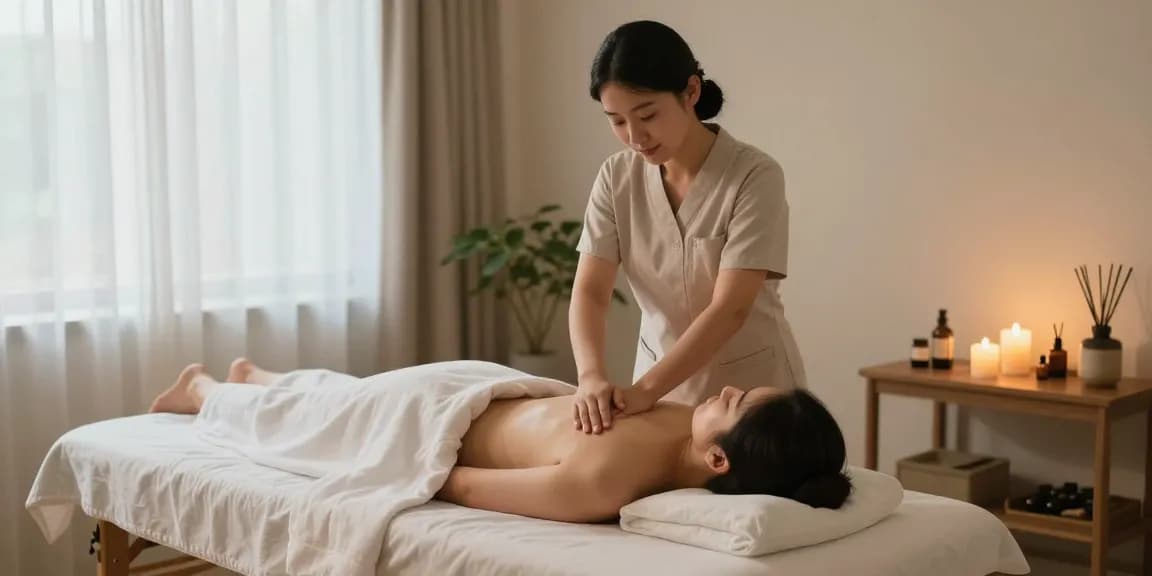 계산동출장마사지의 전문 마사지사가 아늑한 환경에서 고객에게 soothing한 마사지를 제공하는 장면