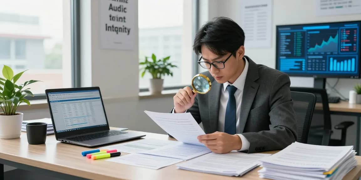 Gambar pen auditor forensik di aafikotaserang.org, menganalisis dokumen keuangan di ruangan modern.