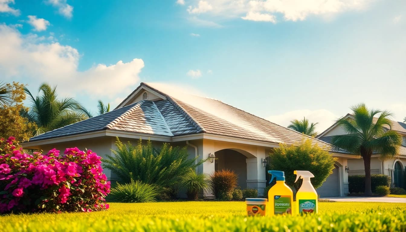 Roof cleaning in Kissimmee, showcasing a professional crew restoring a home with eco-friendly solutions.