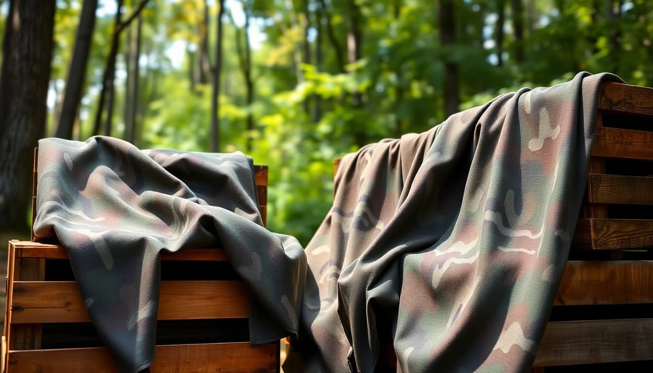 Ontdek unieke camouflage stoffen met gedetailleerde patronen over houten kisten in een natuurlijke setting.