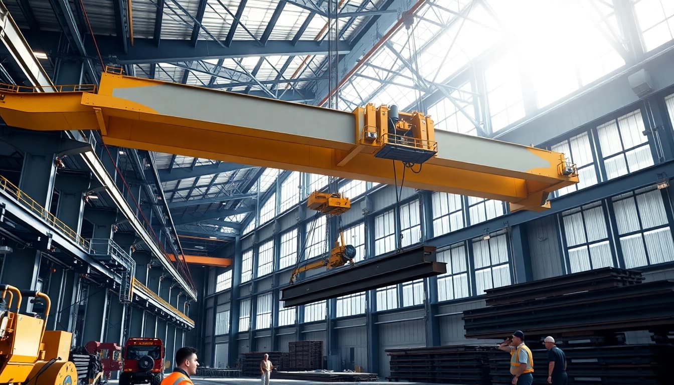 Double girder bridge crane lifting heavy steel beams in industrial warehouse