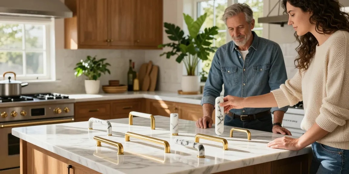 Luxurious handles enhancing elegant kitchen cabinet design with marble accents.