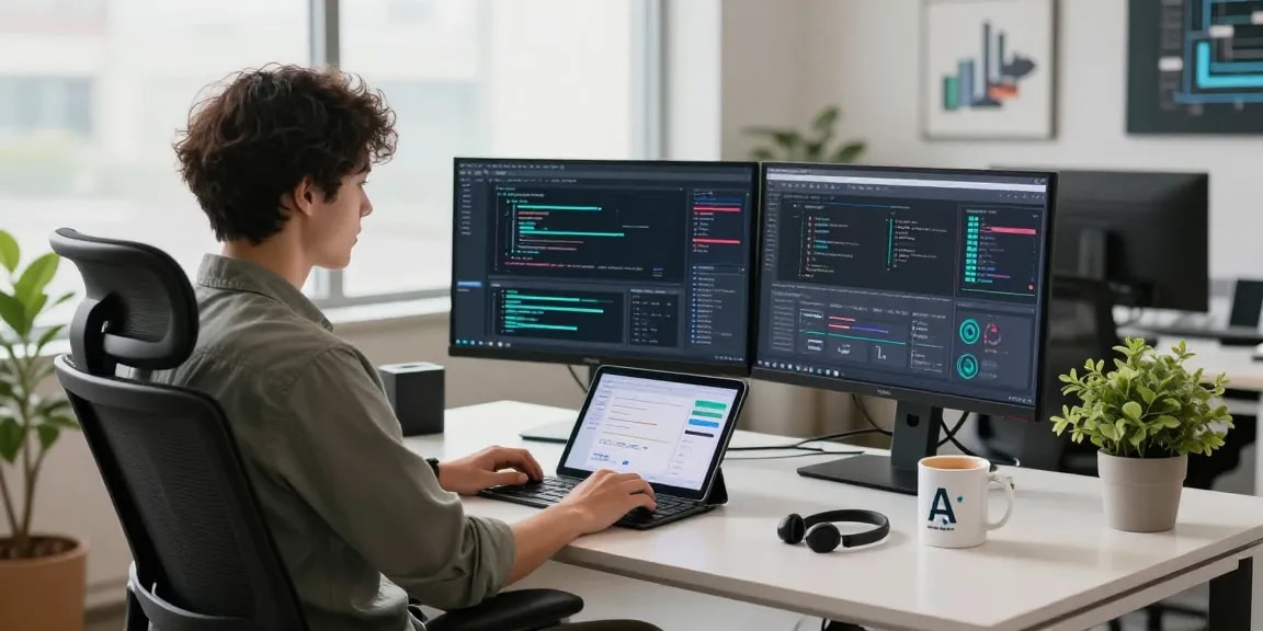 Detect AI image during content moderation analysis with advanced technology setup in a modern office.