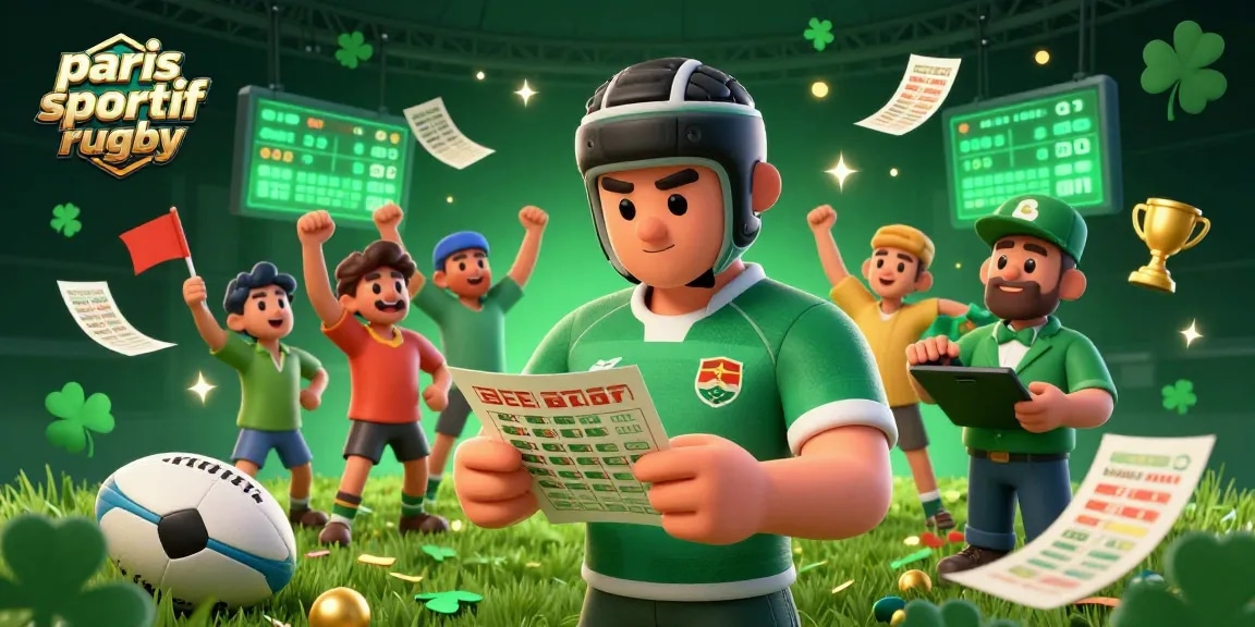 Pariez sur le rugby avec des cotes lumineuses et une ambiance de stade captivante dans une illustration 3D.