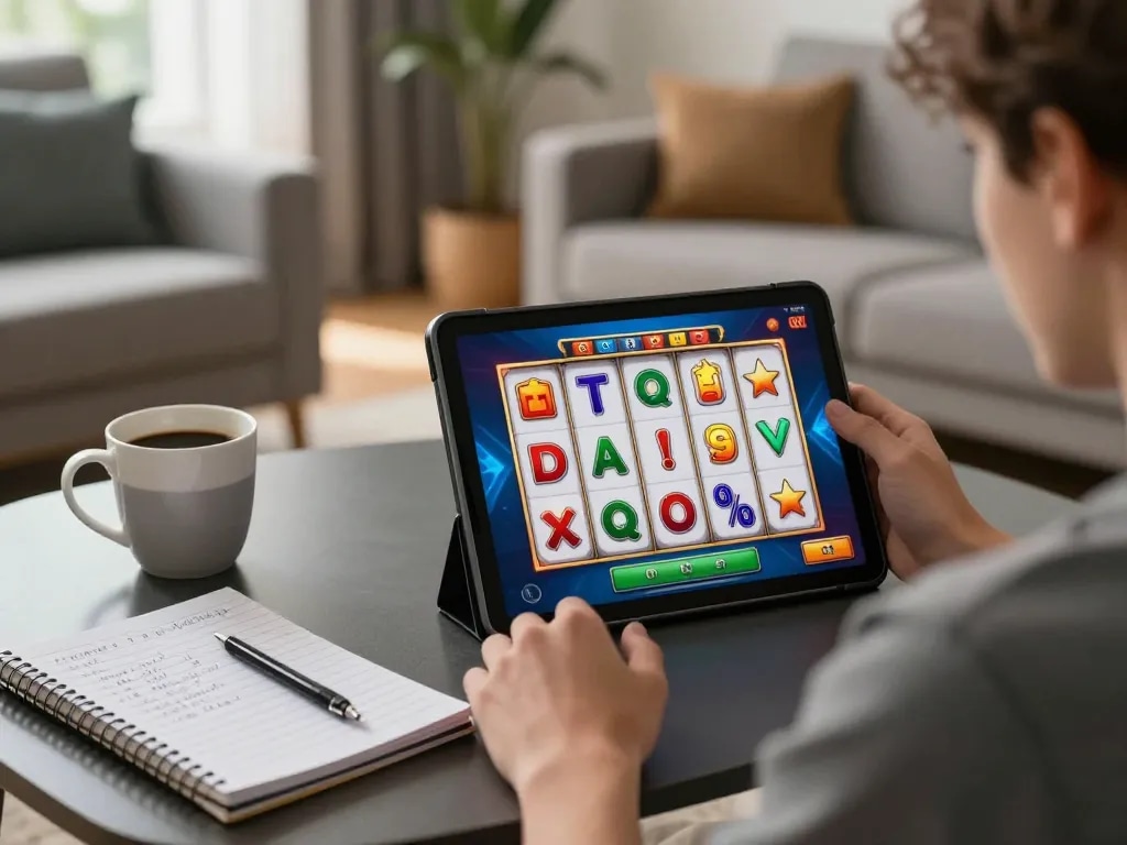 Engaging gameplay of slot mahjong on a tablet in a cozy living room setting.