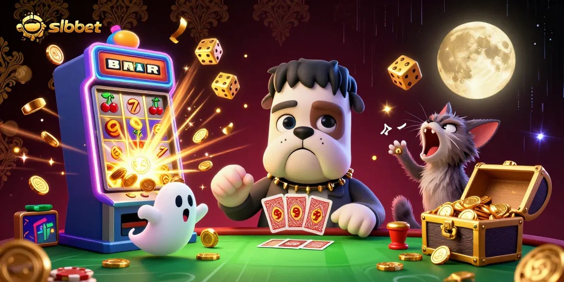 Experience sbobet betting excitement with a stylish illustration of a monster dealer and casino elements.
