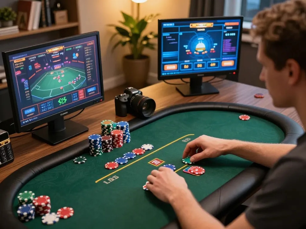 Engaging online casino gameplay at lv88p with player placing strategic poker bets on a tablet.