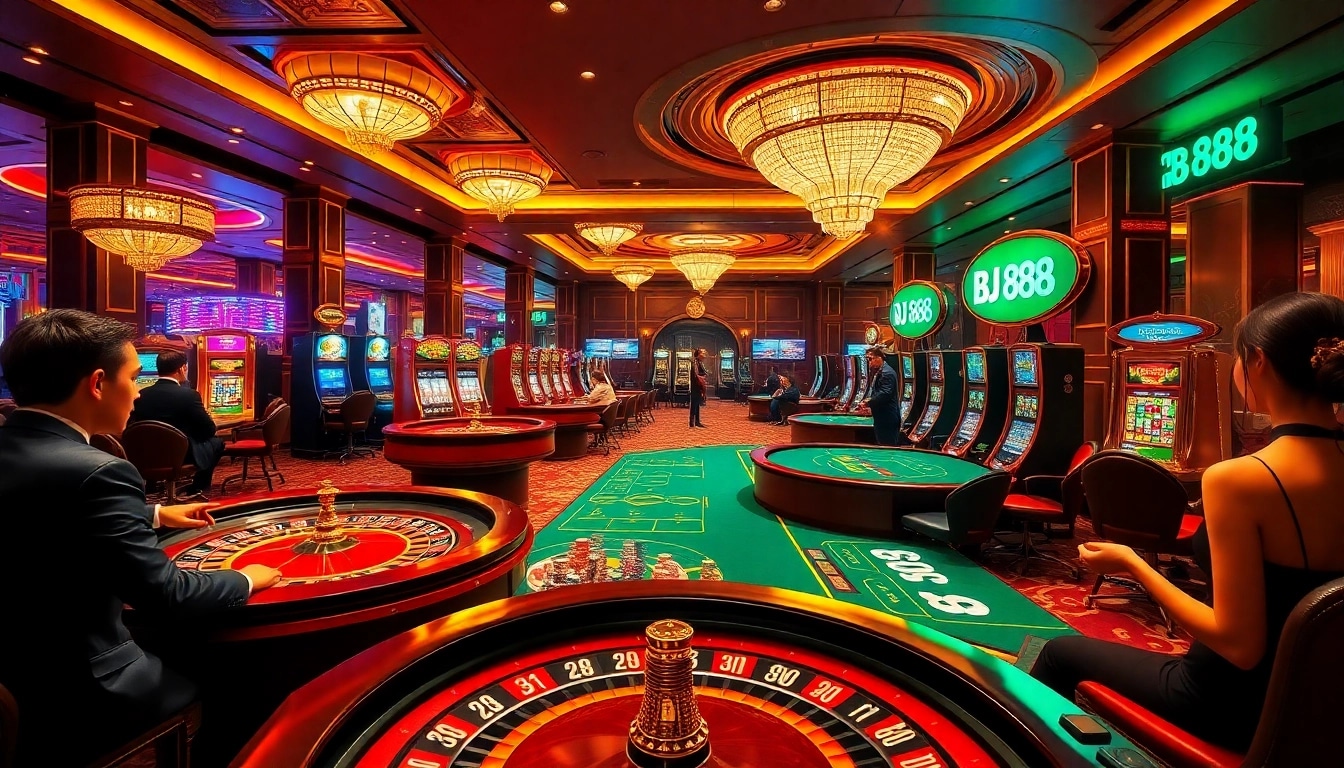 Experience the thrill at BJ 888 casino with players enjoying vibrant gaming tables and luxury ambiance.