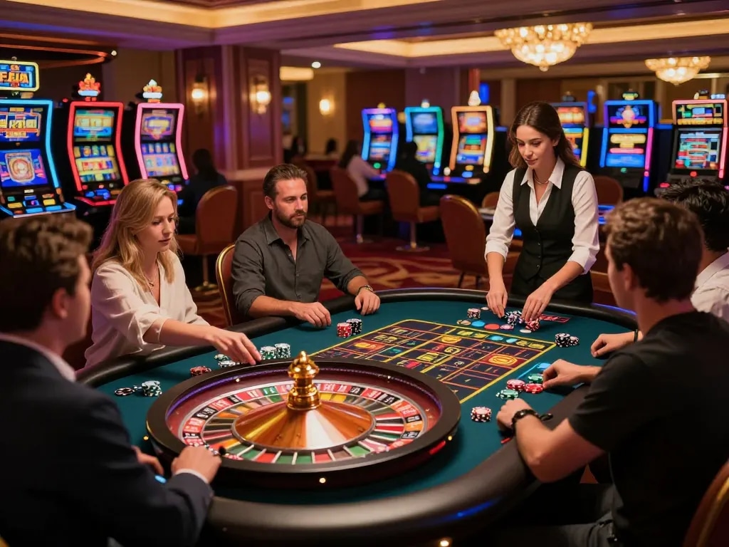Players placing bets at a roulette table in the vibrant casino atmosphere of FAFA 828.