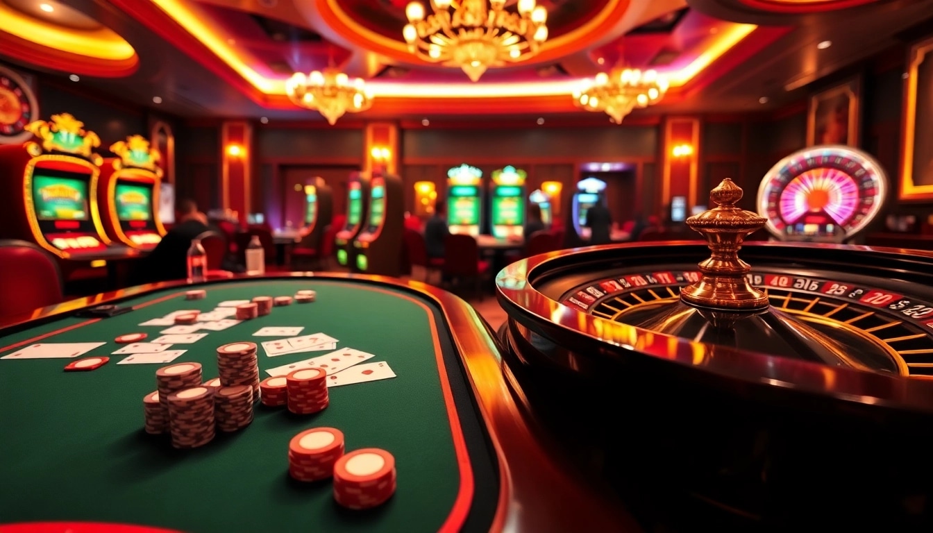 Cette scène de casino éblouissante capture l'excitation de jouer au casino en ligne argent réel France, mettant en avant une table de poker dynamique et des machines à sous riches.