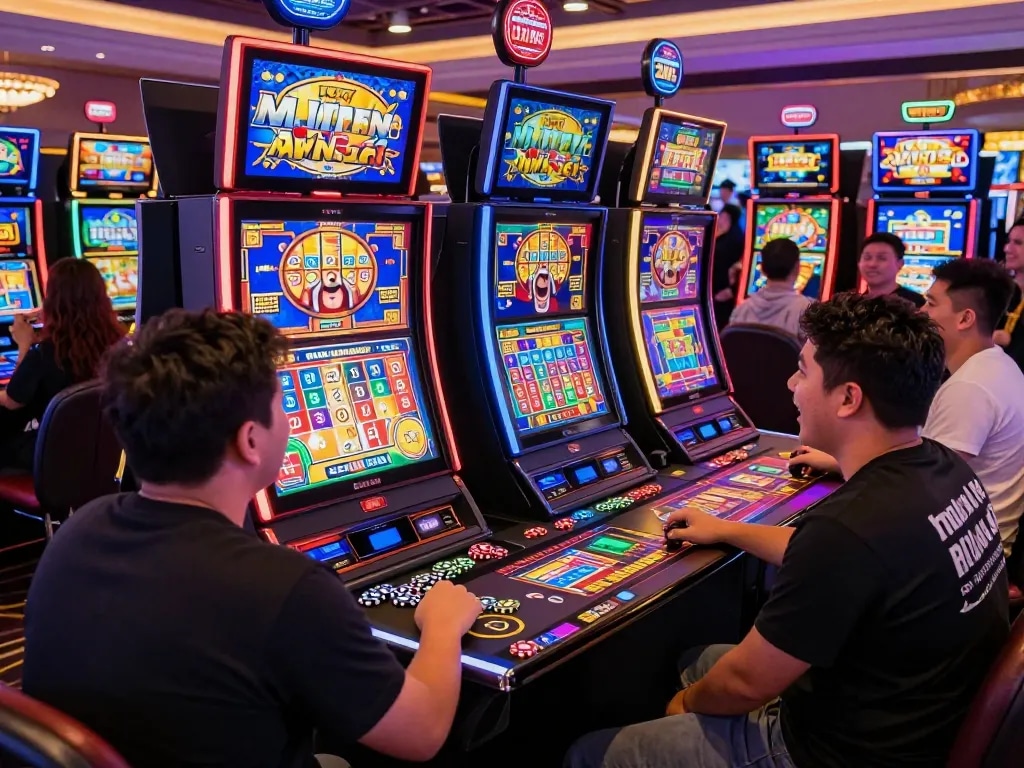 Pemain menikmati mesin link slot yang menarik di suasana kasino yang ramai.