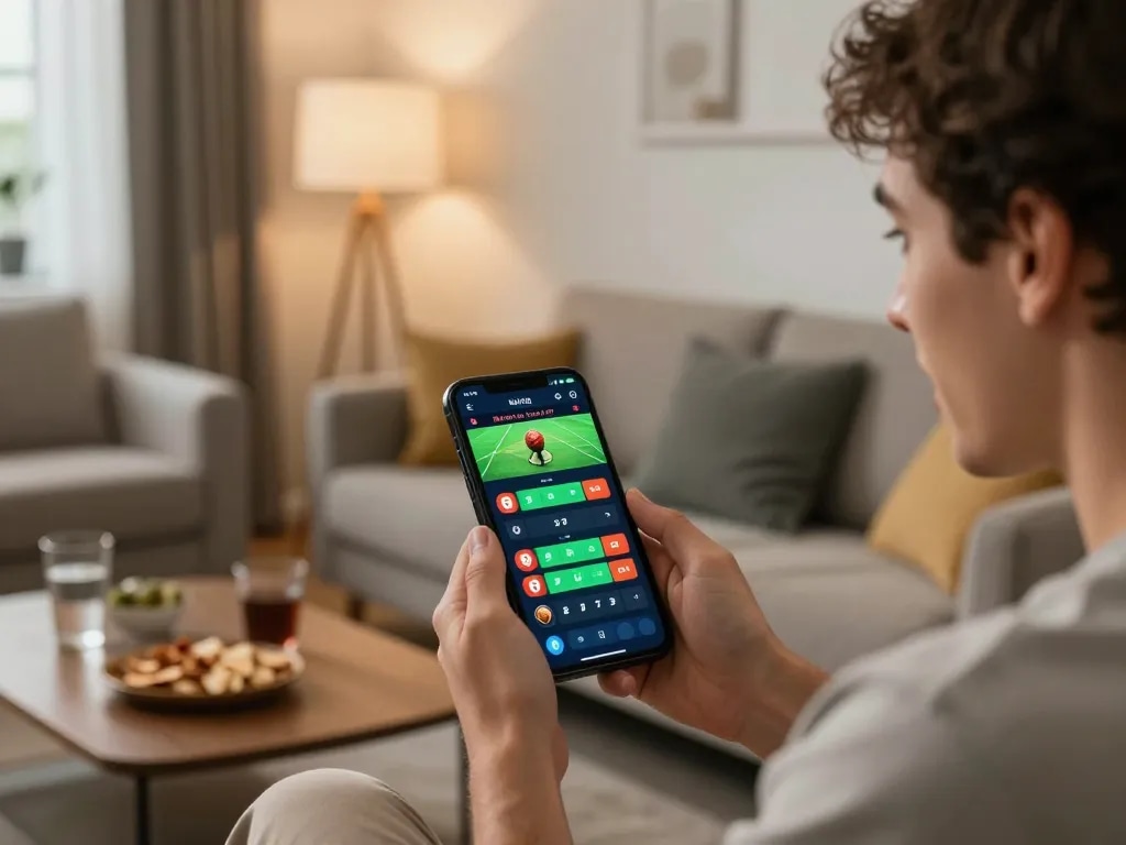 Player using fun79 app for live sports betting in vibrant home setting