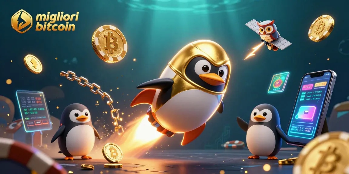 Giocando nei migliori casino bitcoin con monete luminose e un pinguino all'avventura nello spazio.