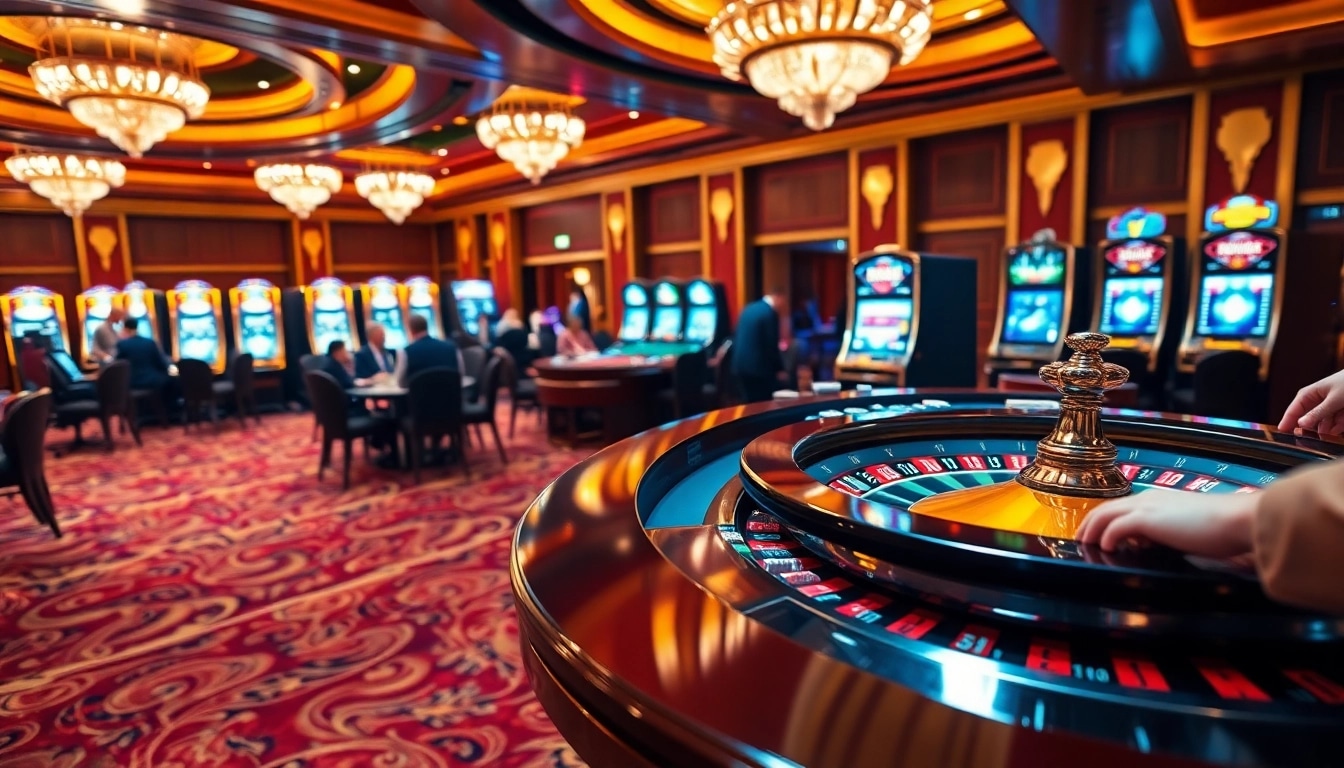 Joueurs engagés à une table de roulette dans un luxueux casino en ligne argent réel France, mettant en avant une action de jeu dynamique.
