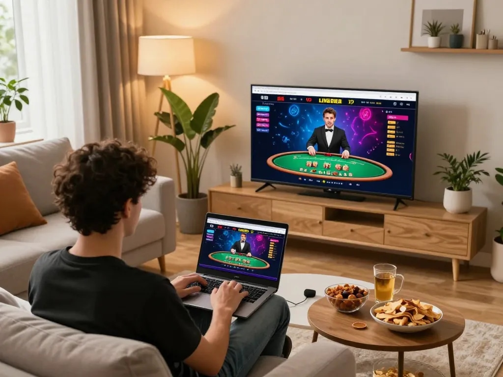 Person using laptop to play at casinò stranieri che accettano italiani in a cozy living room.