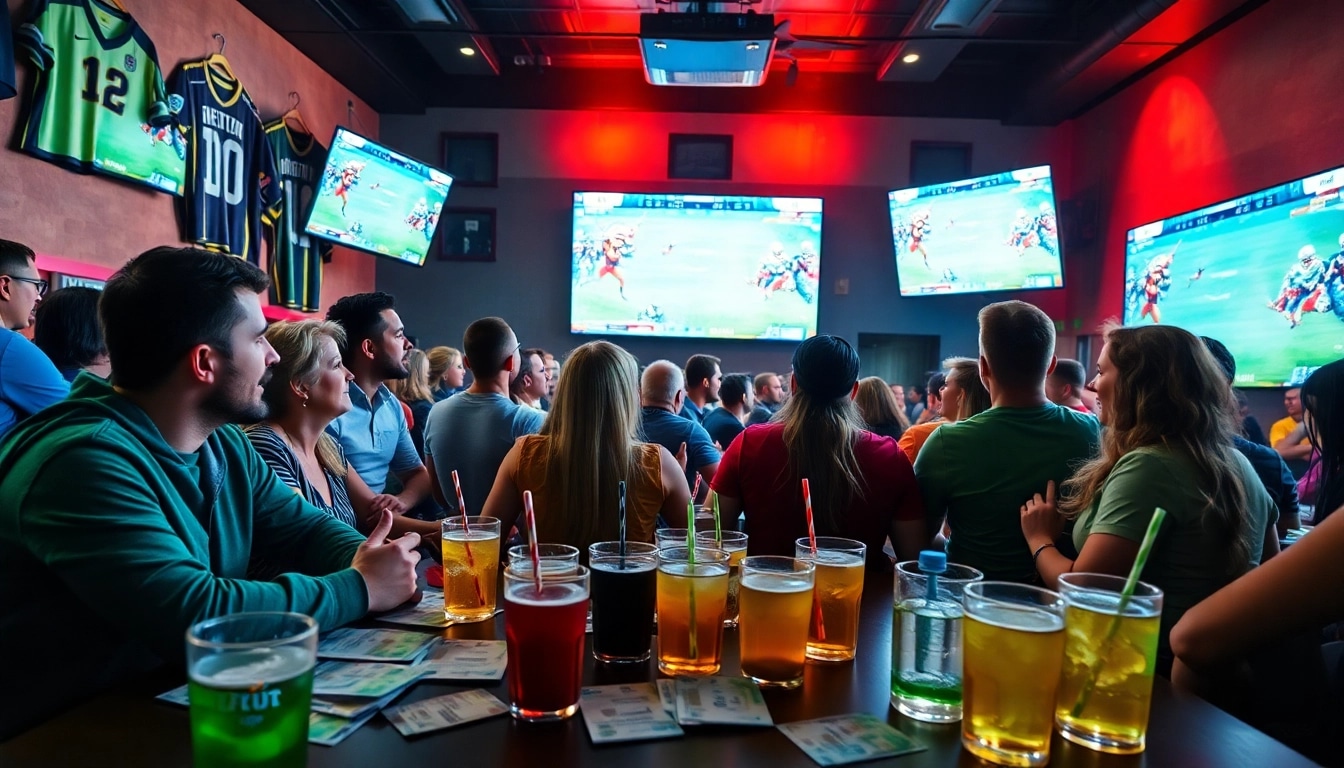 Engaged fans enjoying online sportsbooks Alabama in a vibrant sports betting lounge atmosphere.
