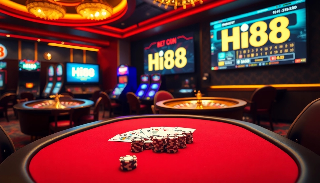 Hi88 poker table with high-stakes cards and chips in a luxurious casino setting.