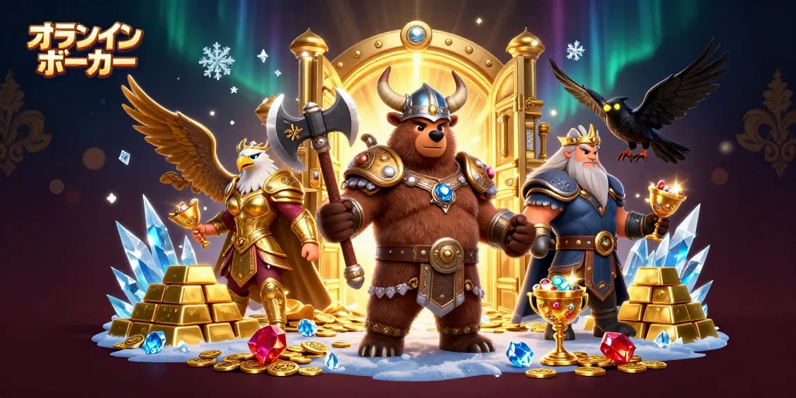 オンラインポーカーを楽しむためのダイナミックなシーンに、金色の宝物が溢れるポーカーゲームのイラスト。