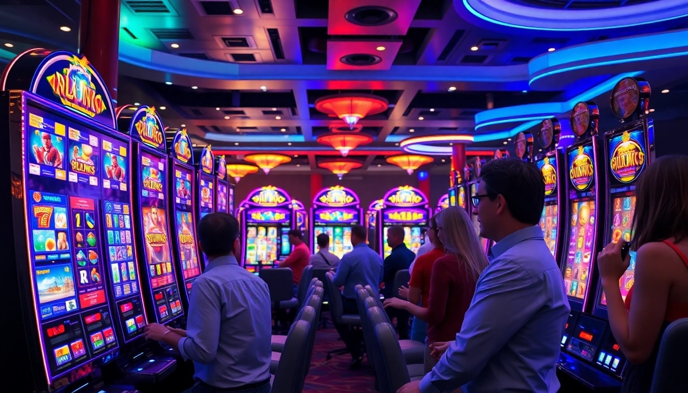 Mengalami keseruan permainan slot depo 1000 dengan mesin slot warna-warni dan pemain yang bahagia.