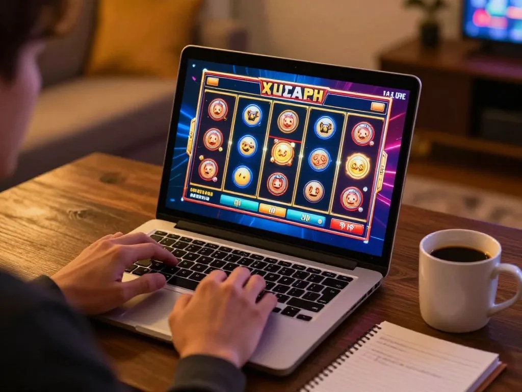 Engaged player enjoying casinò online europei game on laptop, creating an inviting gaming atmosphere.
