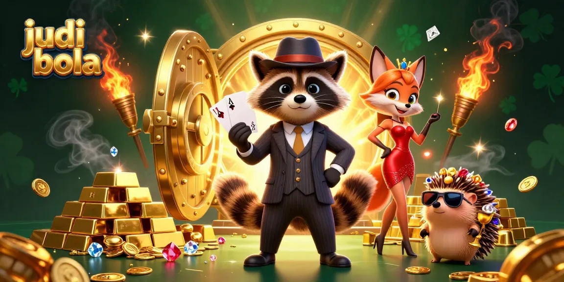 Bet on judi bola with confident raccoon and enchanting fox at a vibrant casino scene filled with treasures.