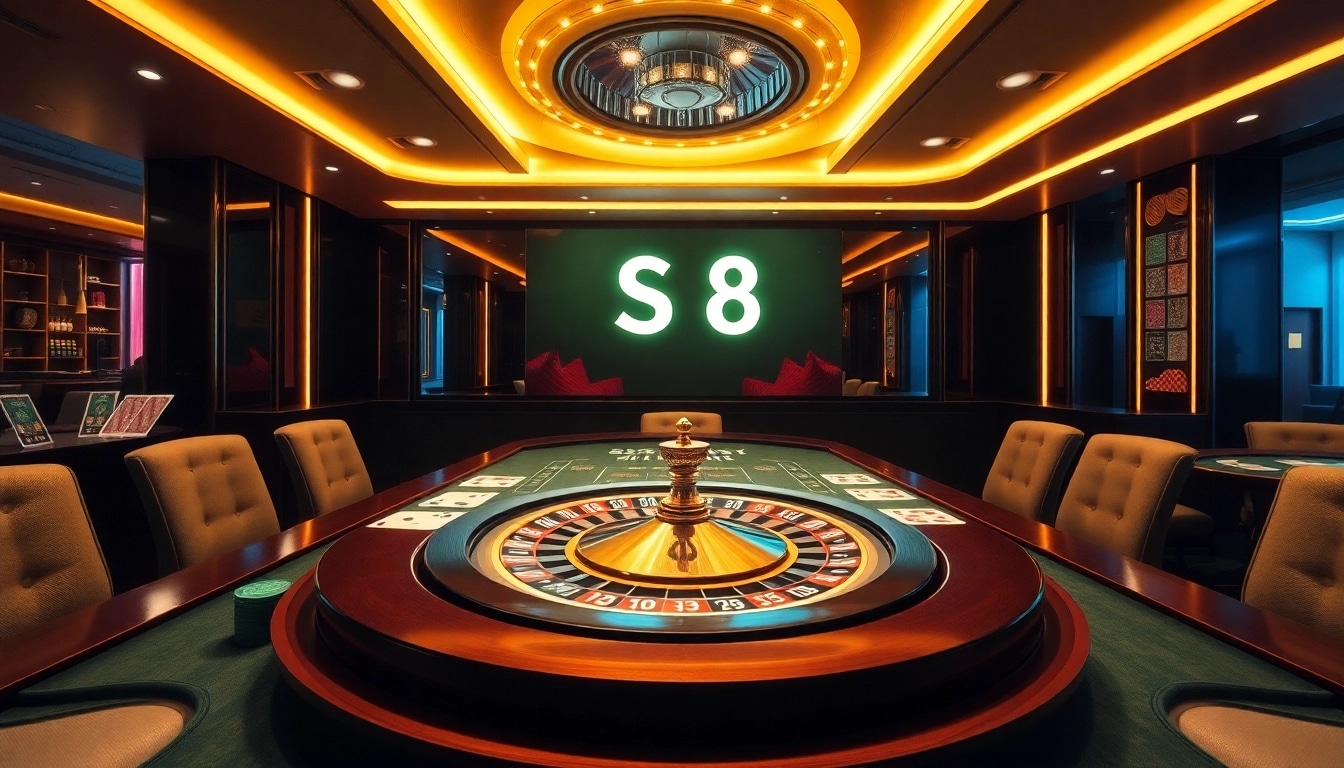 S8 casino gaming table with vibrant chips, cards, and roulette wheel in a luxurious setting
