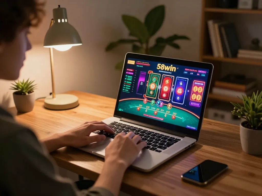 Engaging scene of a player actively participating in games at 58win’s online casino on a laptop.