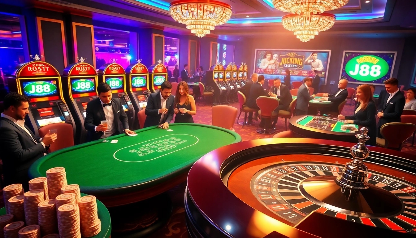 Players engaging at the J88-themed poker table in a vibrant casino environment.