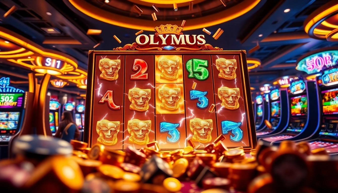 Players celebrate a win at the Olympic slot machine amidst a vibrant casino setting.