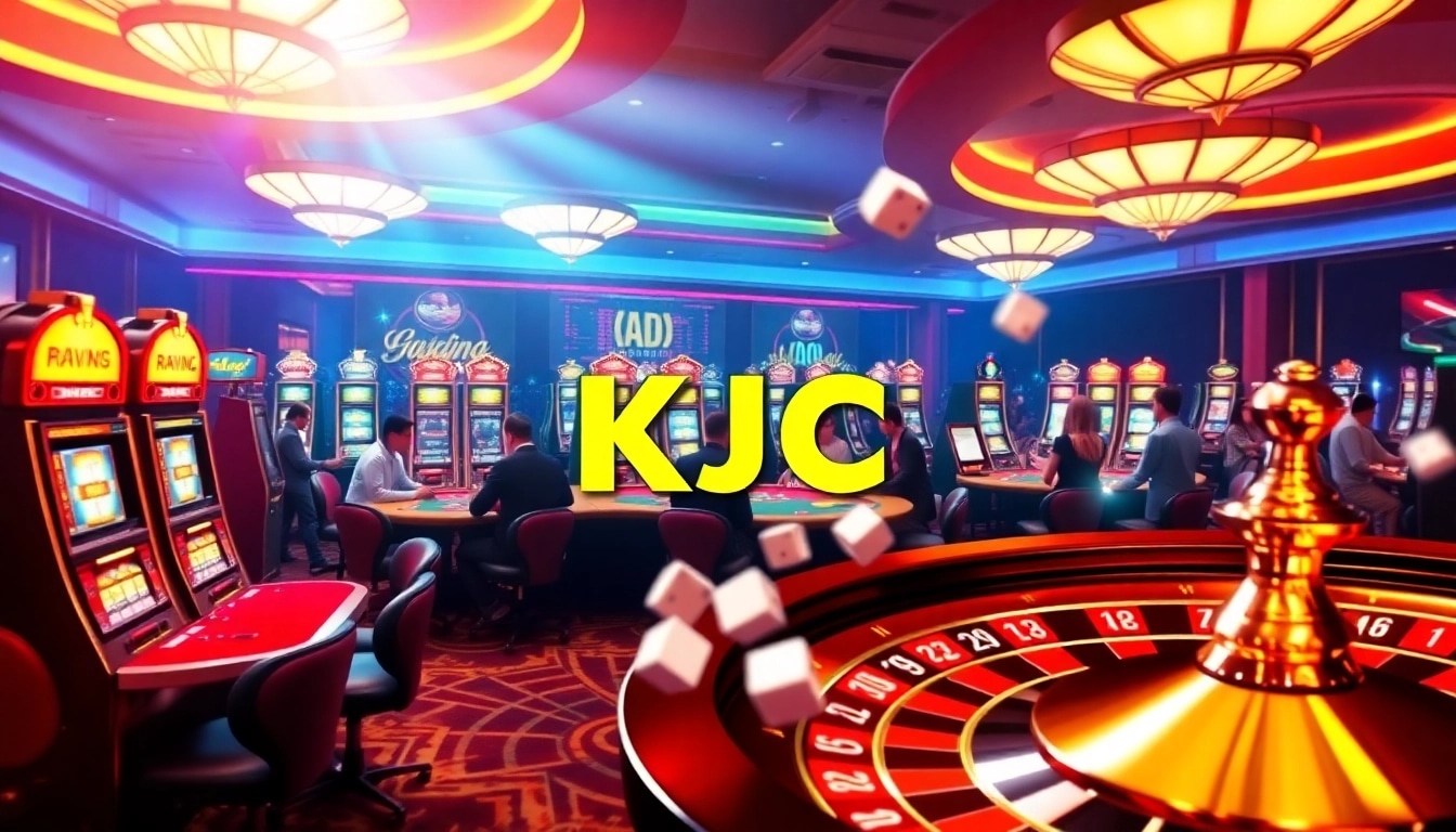 KJC AC - A lively casino scene featuring poker tables, slot machines, and roulette wheels.