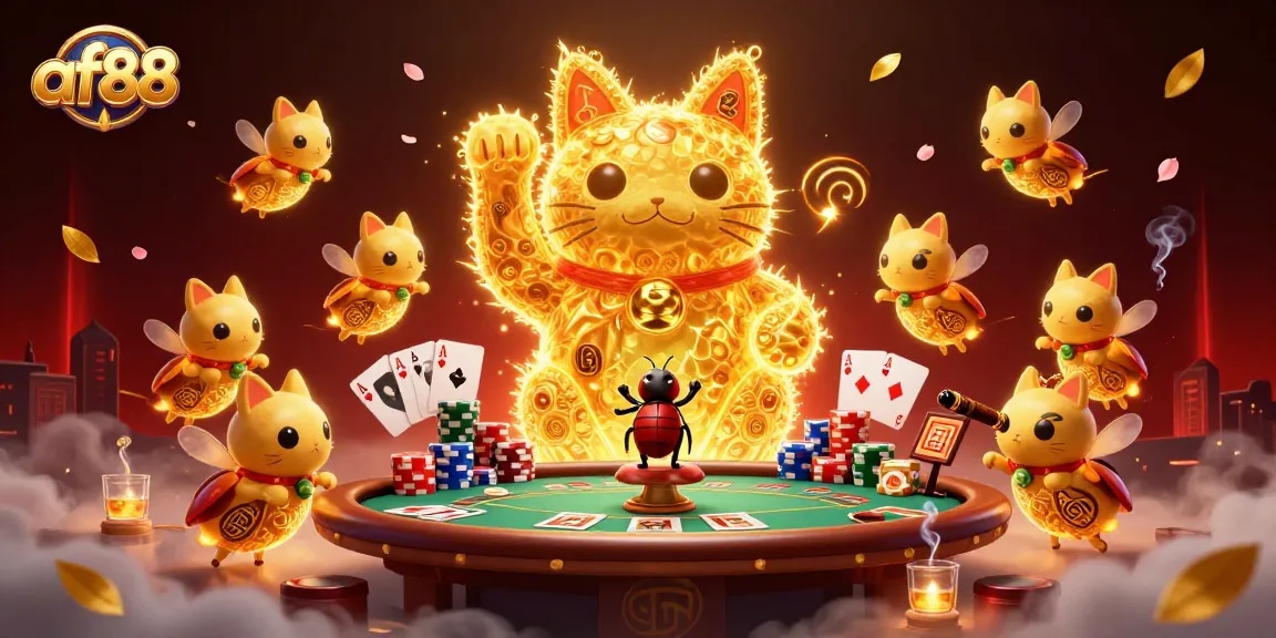 Engage with af88's vibrant casino experience highlighted by a lucky cat made of fireflies.