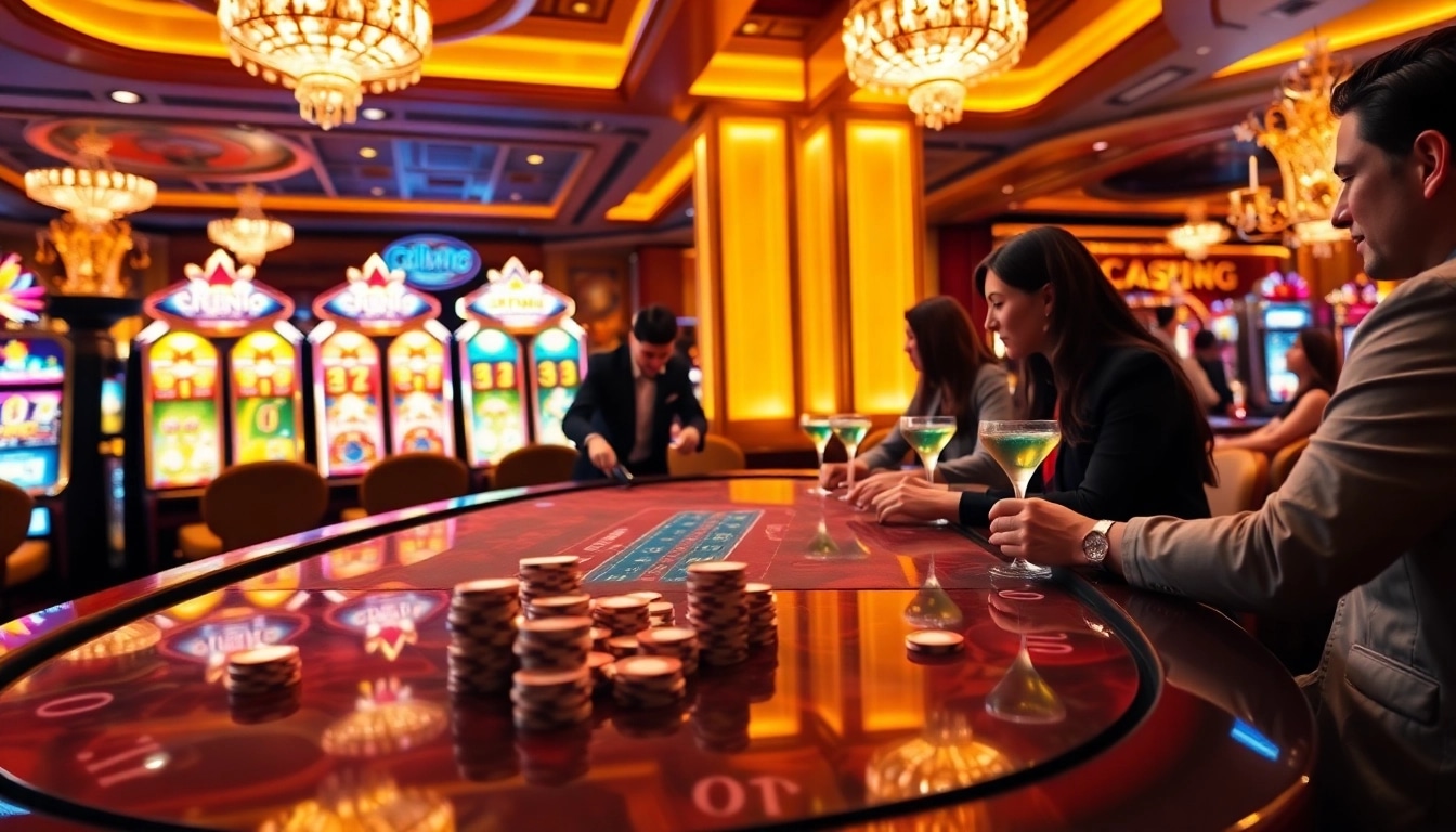 Exciting gambling scene at u888 com with poker chips and vibrant slot machines in a luxurious casino.