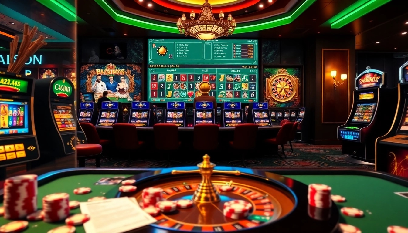 Interagissez avec des visuels de casino en ligne argent réel mettant en vedette des tables en ligne, des jeux et des jetons colorés.