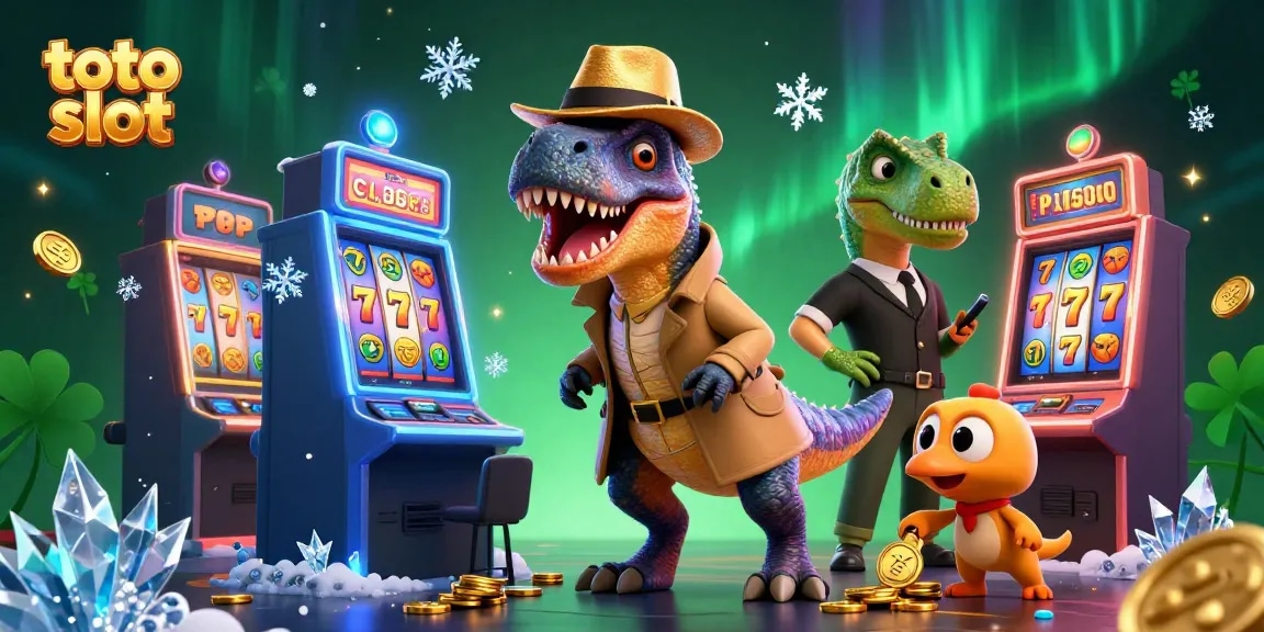 Engaging scene of a toto slot game featuring a velociraptor character at a slot machine, adding excitement.