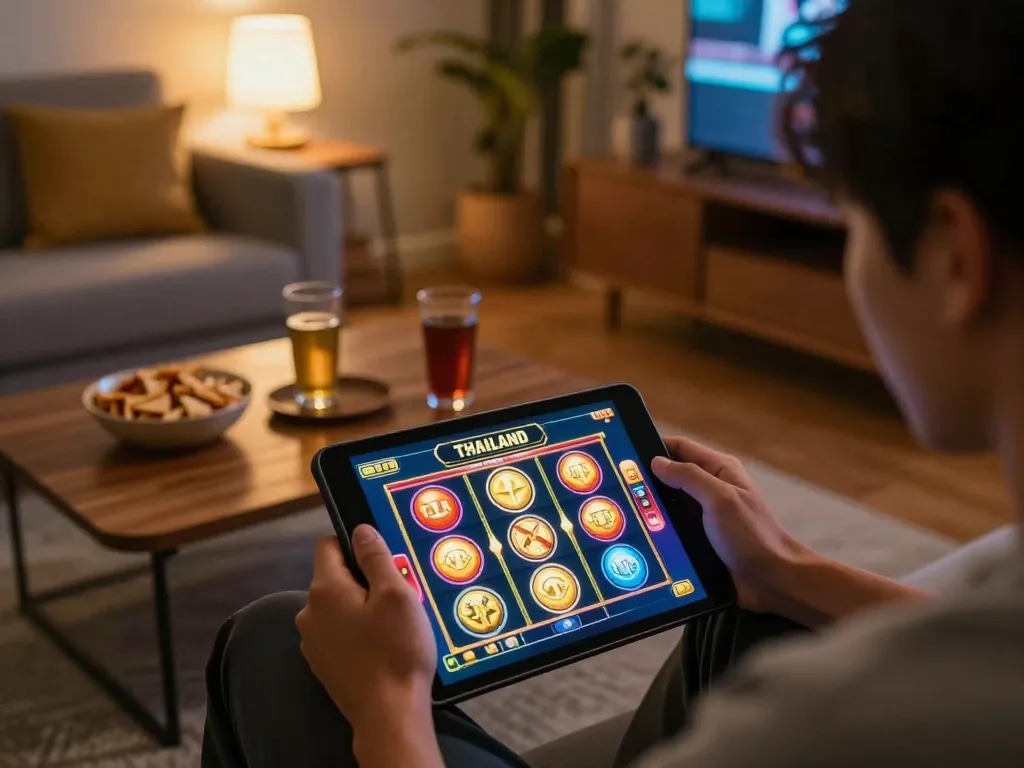 Engaging in a thrilling thailand slot game on a tablet in a cozy home setting