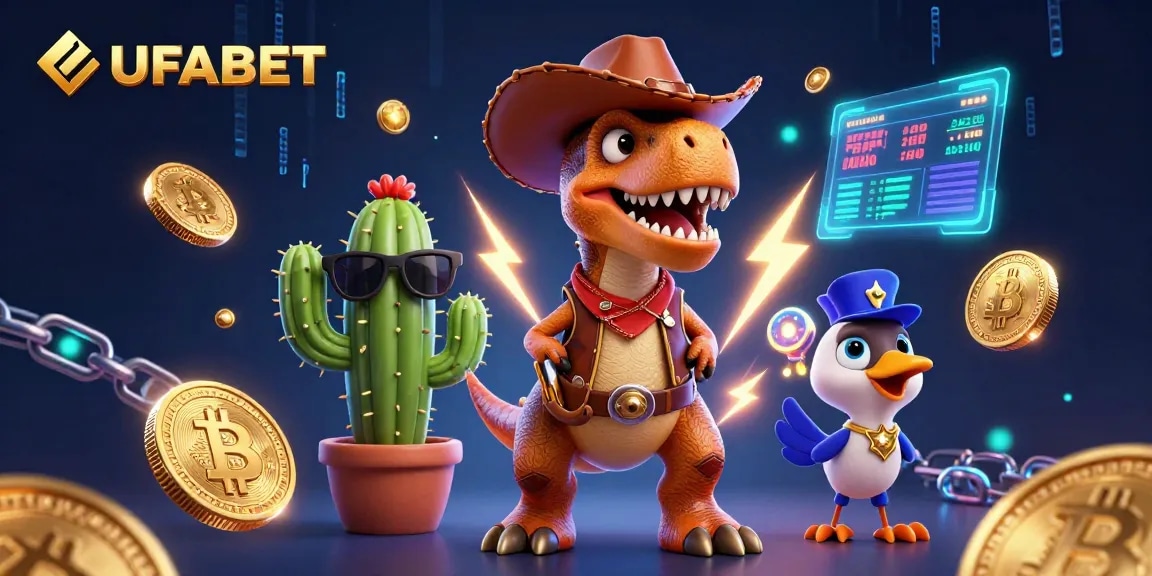 Bet on UFABET with high-energy casino fun featuring a T-Rex and slot machines.