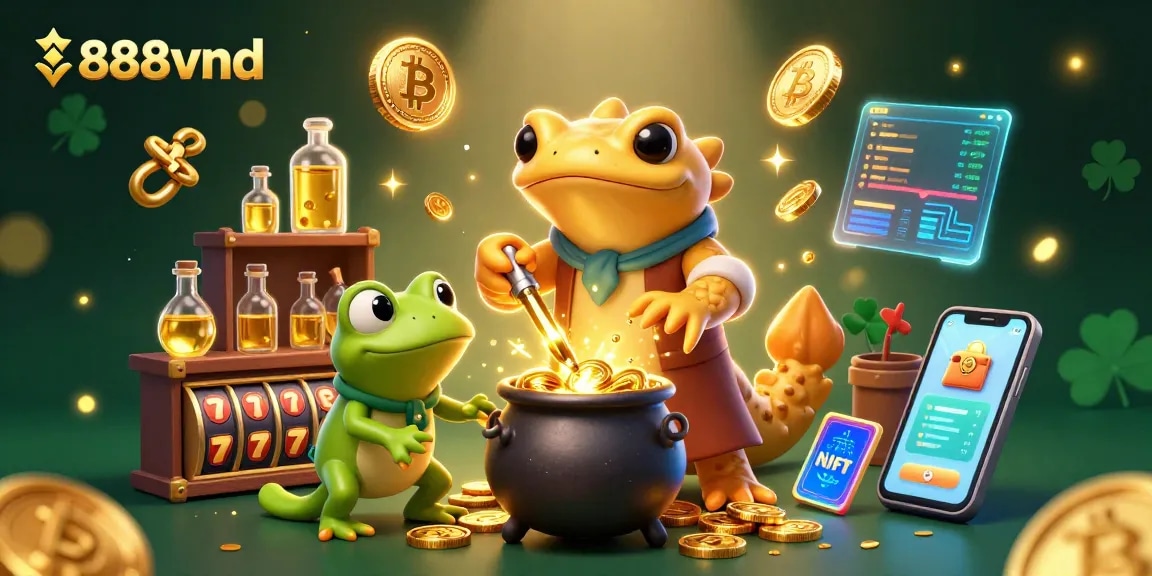 Experience 888vnd excitement with an alchemist transforming coins alongside an enchanting casino backdrop.