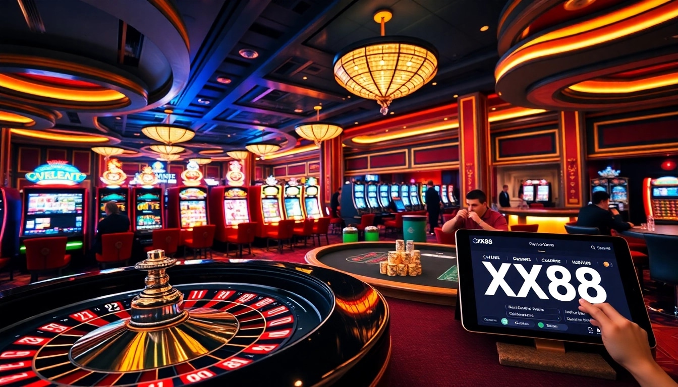 Playing high-stakes games at XX88's luxurious casino with roulette and poker tables.