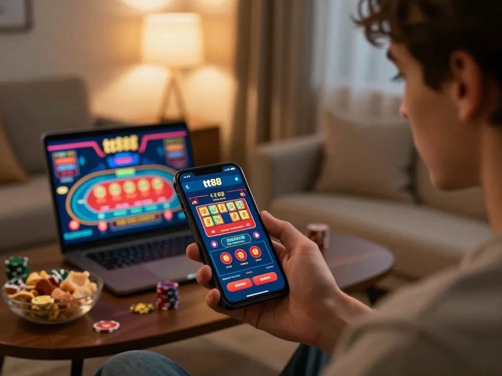 Gambling with the tt88 app on smartphone while enjoying online casino games in a cozy living room.