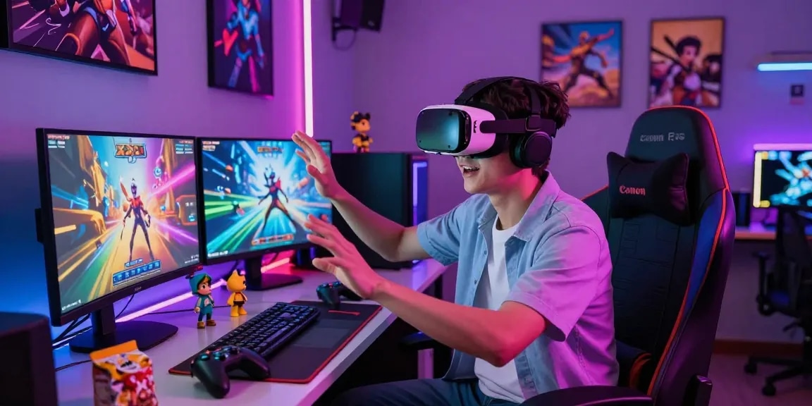 Engaging scene of gaming setup with VR headset and xxx games displayed on screens.