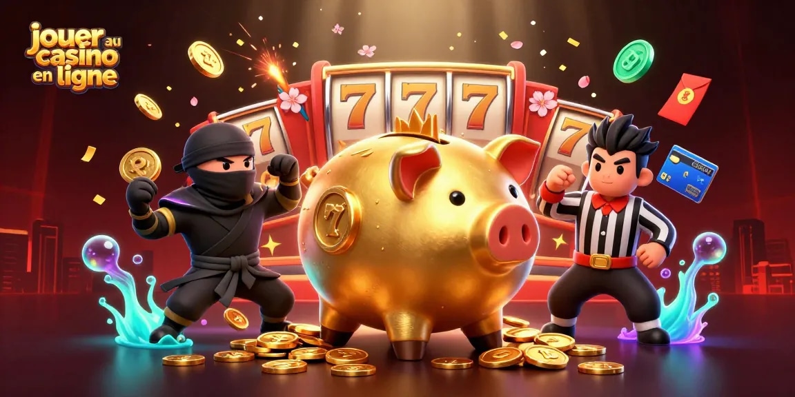 Jouer au casino en ligne avec un sumo géant, un ninja et un arbitre, entourés de pièces et de confettis dorés.