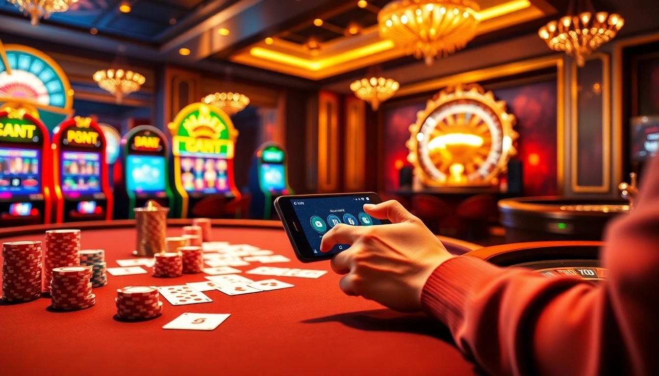 An exciting casino scene showcasing the app 8kbet with vibrant slot machines and poker action.