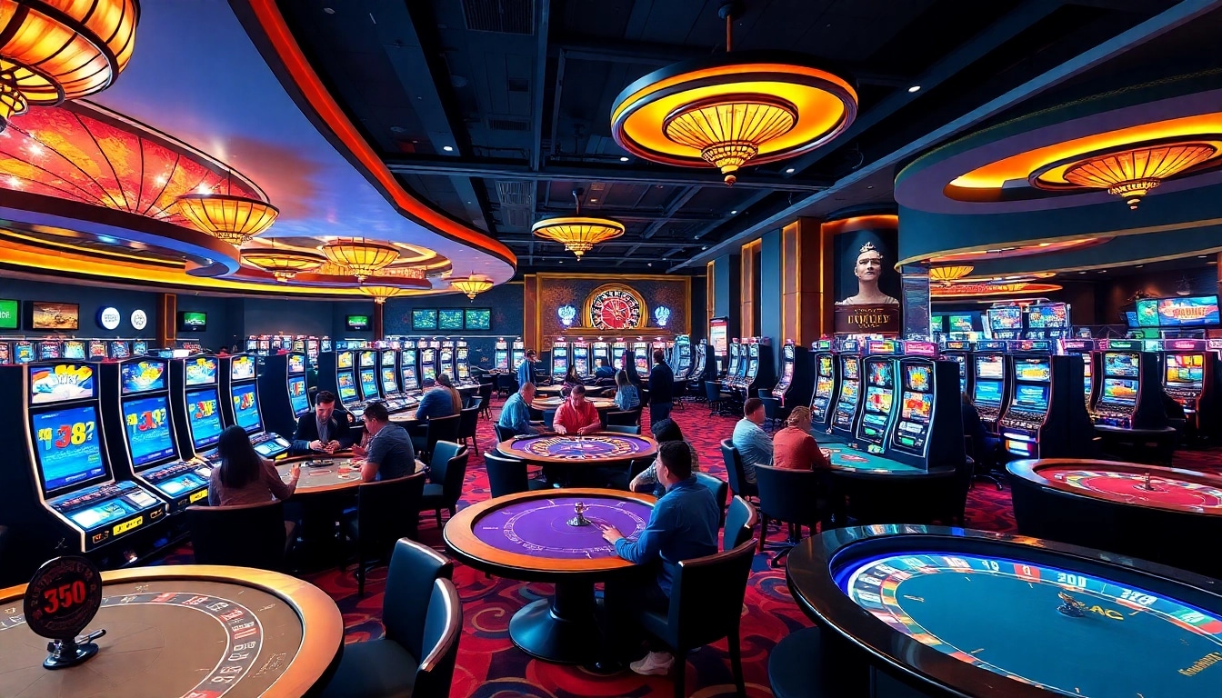 Vibrant casino atmosphere with gaming tables and KJC AC logo.