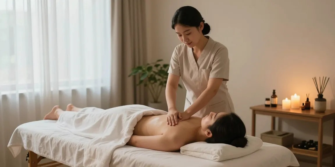 계산동출장마사지의 전문 마사지사가 아늑한 환경에서 고객에게 soothing한 마사지를 제공하는 장면