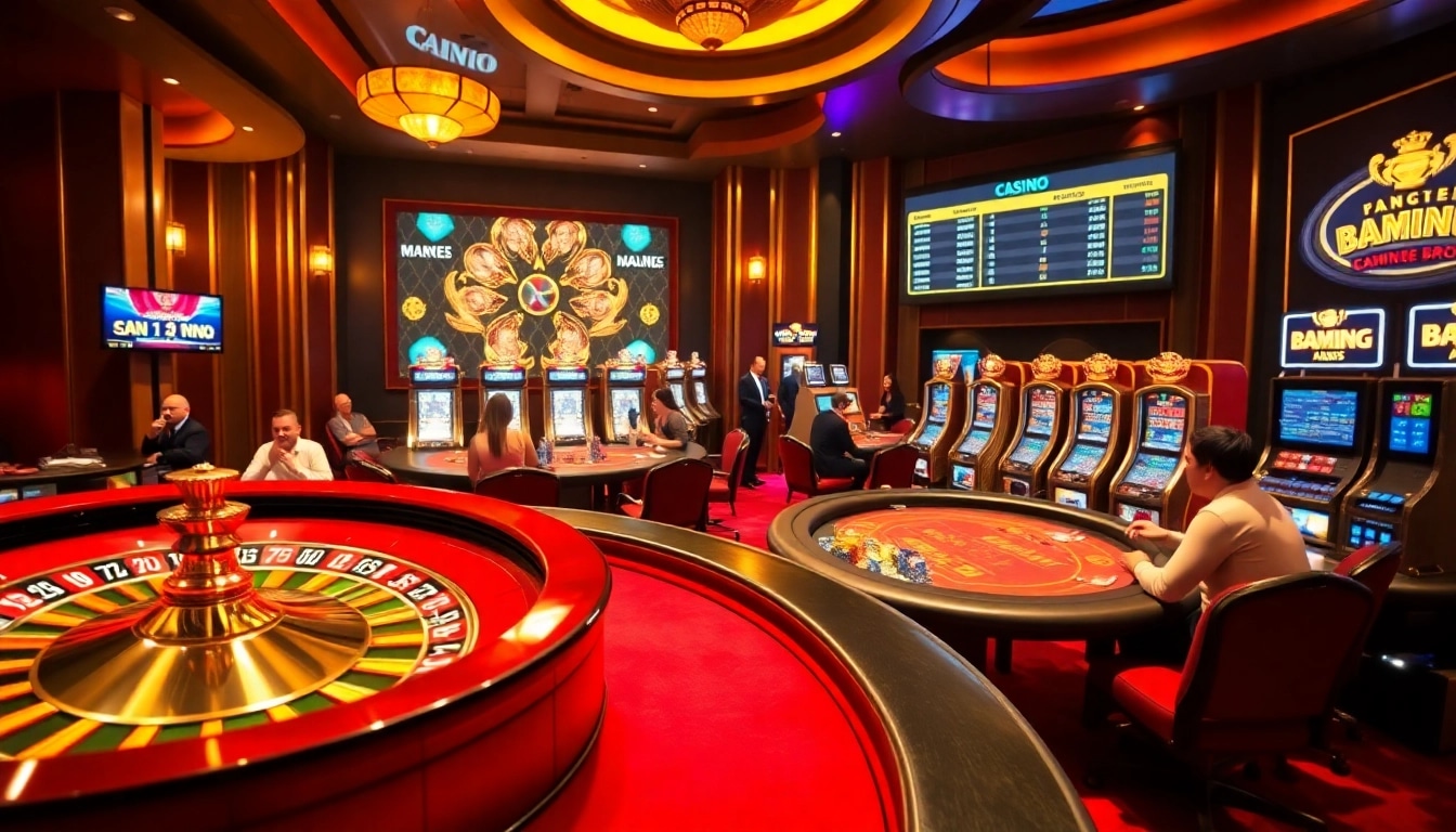 Une scène de casino vibrante mettant en avant la roulette et le poker, soulignant l'excitation du casino en ligne argent réel France.