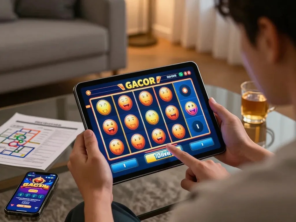 Terlibat dalam sesi slot gacor online yang strategis menggunakan tablet, menunjukkan suasana permainan yang bertanggung jawab.