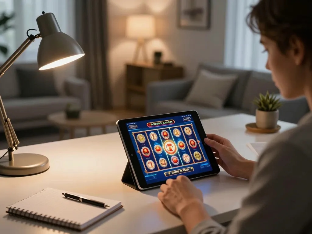 Playing online slots on 888top tablet with strategic betting notes in a cozy home office.
