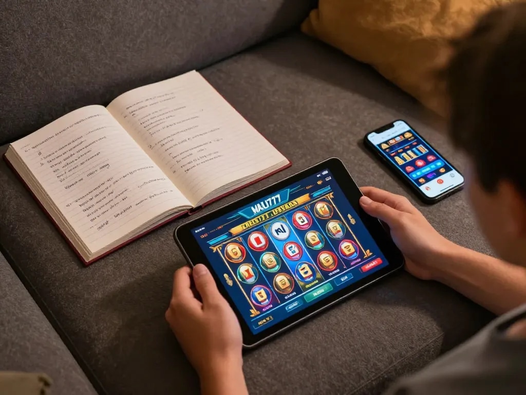 Engaging online gamer exploring MAU777 link alternatif with a tablet in a cozy setup